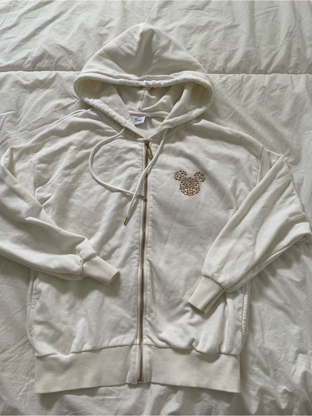 New Disney Womens Small Cream Zip Hoodie with Gold Embellished Mickey
